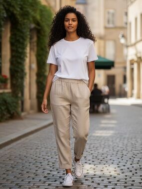 Linen Sea Flax/Beige 100% Linen Tapered Leg Trousers Elastic Waist Size Medium